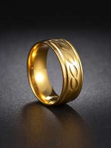 1pc 8MM Fashionable Engraved Stainless Steel Ring, Unisex Suitable For Wedding, Daily Wear, Vacation - Geometric Carving - View 7