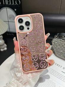 1pc Pink Smiling Face Design Spray Oil Skin Feel Rhinestone Mirror Inlaid Anti-Drop 2-In-1 Phone Case Suitable For 14promax/17promax/15promax - Pink - View 6