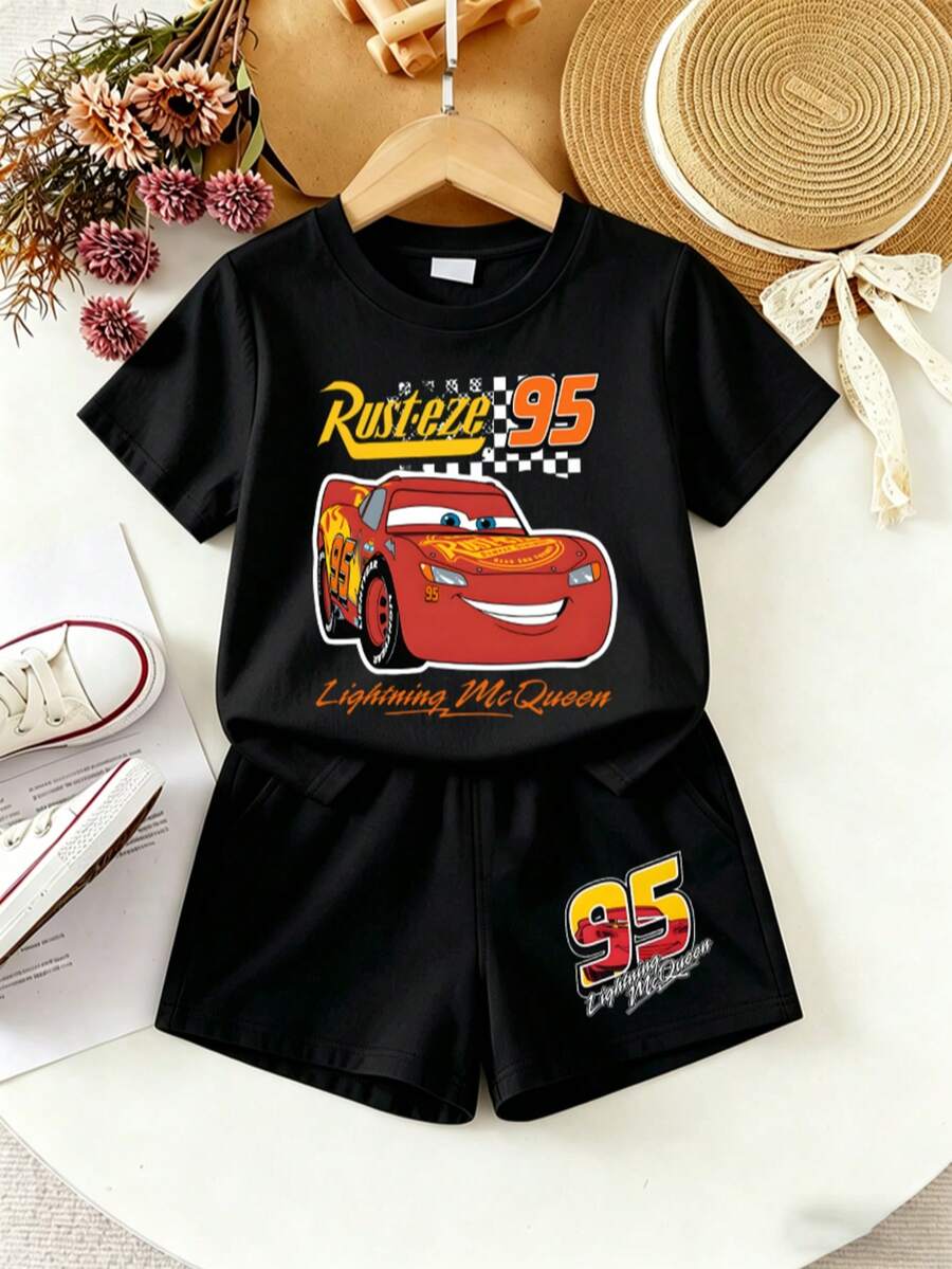 Disney Cars Lightning McQueen Toddler Boy 6M-3T 2-Piece Birthday Outfit Set, Short Sleeve T-Shirt & Shorts With 95 Red Race Car Graphic, Express Delivery - Quần áo đen và quần đen - Xem 1