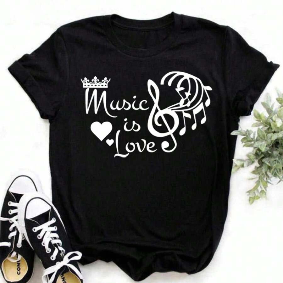 Women's Funny Harajuku Musical Note T-Shirt, Musical Tops, Short Sleeve Black T-Shirt, Casual Women's T-Shirts - 黑色 - 查看 1