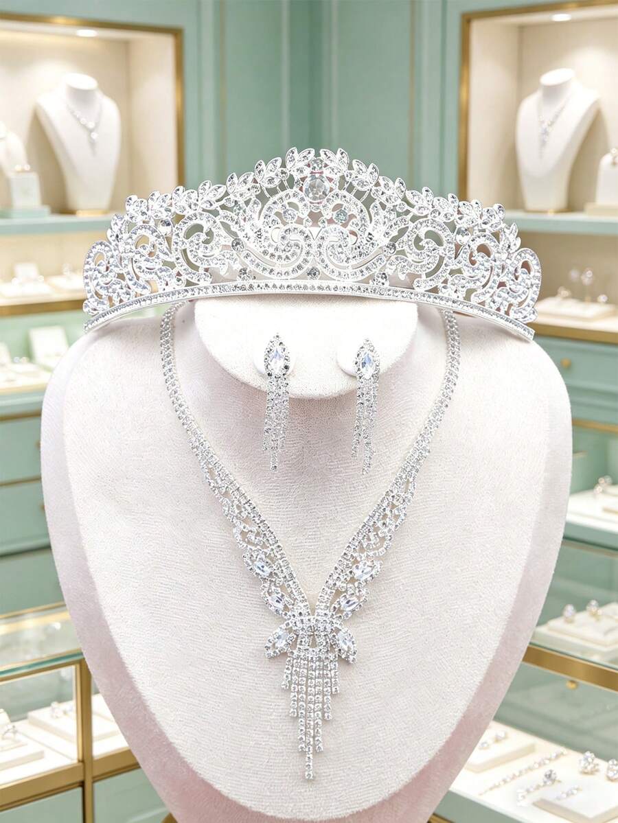 1套新娘飾品，銀色水晶裝飾奢華皇冠、項鍊、耳環4件組婚禮珠寶套裝，適合婚紗、優雅派對禮服，夏季