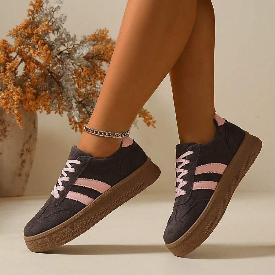 2026 New Color Block Patchwork Preppy Style Athletic Fabric Lace-Up Casual Versatile Women Sneakers, Suitable For Outdoor Spring/Summer - Grey - View 1