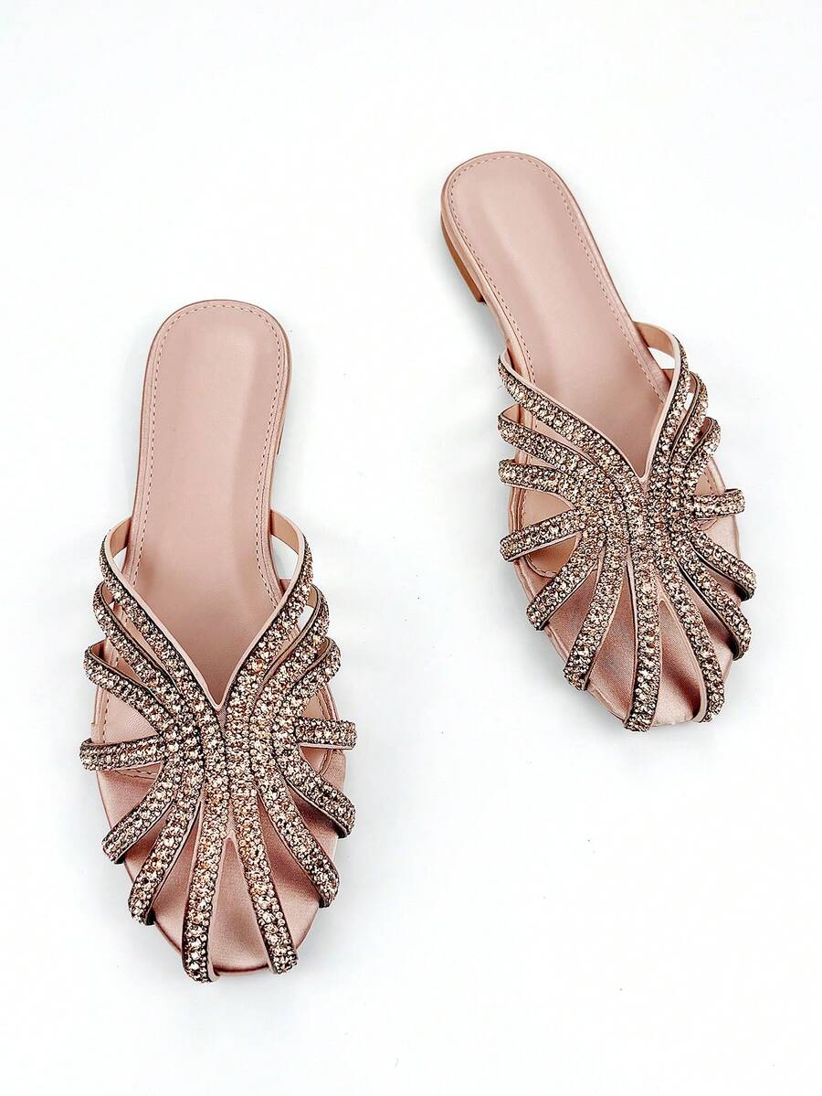 Women's Glamorous Fully Rhinestoned Hollow Decor Pink Satin Material Fashion Round Toe Slip-On Flat Mule Shoes For Daily Wear & Party,Summer Shoes - Pink - View 1