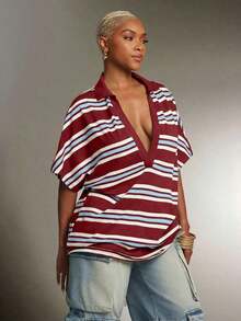 Top Polo a Rayas de Cuello Profundo y Talla Grande, Blusa Casual Vintage con Cuello en V, Cómoda para Uso Diario - Burdeos - Ver 4