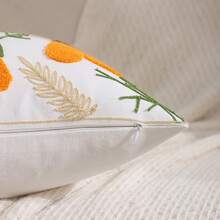 1pc Canvas Leaf & Flower Embroidered Throw Pillow Cover - Orange - View 5