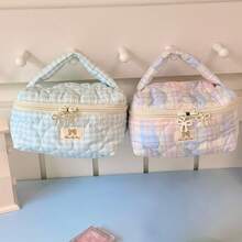 1pc Multi-Color INS Style Versatile Pouch, Plaid & Floral Patchwork Heart Design, Bow Decor Zipper Closure, Casual Foldable Lightweight Carry-On Bag, Cosmetic Organizer, Jewelry Storage Pouch, Multi-Functional Women's Toiletry Bag - Multicolor - View 7