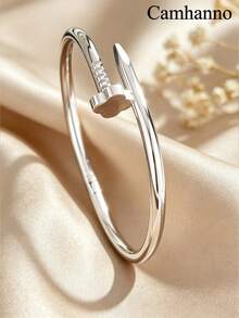 Camhanno Bộ 3 vòng tay thép titan cao cấp - Không phai màu, không gây dị ứng, đính đá Zirconia (hình cỏ bốn lá / hình đinh / hình vân) - Trang sức thời trang hàng ngày. - Bạc - Xem 2