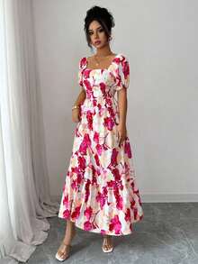Women's Dress With Petal Sleeve Design, Square Neck And Fitted Waist With Print - 彩色 - 查看 4