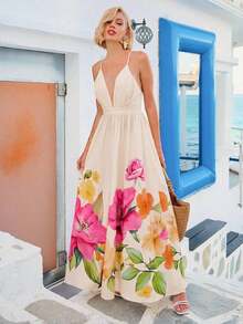 xheVivid Eden Vestido de mujer con estampado floral, cintura ceñida, escote halter y espalda descubierta, adecuado para vacaciones de veranoxhe - Beis - Ver 9
