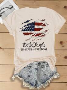 Women's We The People 250 Years Of Freedom Tattered USA Flag Double‑Sided Print T‑Shirt, 180G Casual Summer Tops, Summer Outfits, 4th Of July Outfit - 杏色1 - 查看 3