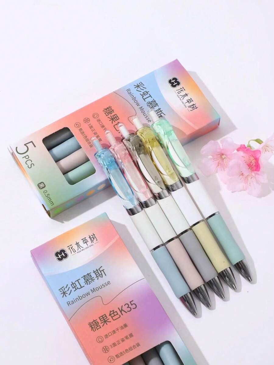 5pcs/Set Soft Color Erasable Gel Pens, 0.5mm Smooth Black Ink Pen Set, Minimalist Student Stationery, Suitable For Learning, Note-Taking, Journaling, Office Supplies And Daily Writing - A - View 1
