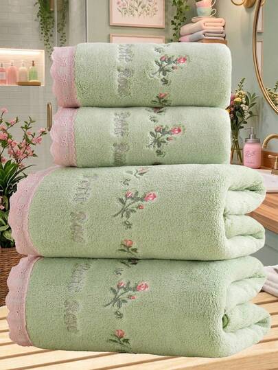 1/2/3pcs Coral Fleece Embroidered Rose Bath Towel/Bath Towel, Pastoral Romantic Style Floral Element, Soft Lace Washcloth Or Bath Towel, Cozy Home Bathroom Decor, Gift
