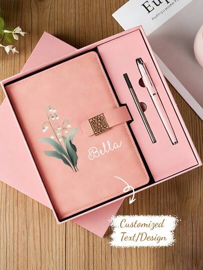 Customized Floral Button Notebook Set - Faux Leather Journal, Embossed Floral Pattern, Gold Button, Customizable Name, Includes Pen And Gift Box, Suitable For Writers, Gifts Or Stationery Lovers, Perfect For Stationery Enthusiasts And Cultural Gifts