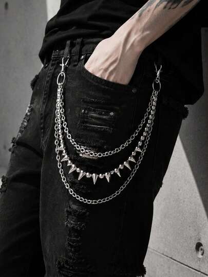 1pc Punk Style 3-Layer Silver Pant Chain, Decorated With Spikes And Rivet Pearls, Accessory For Men's Hiphop Jeans