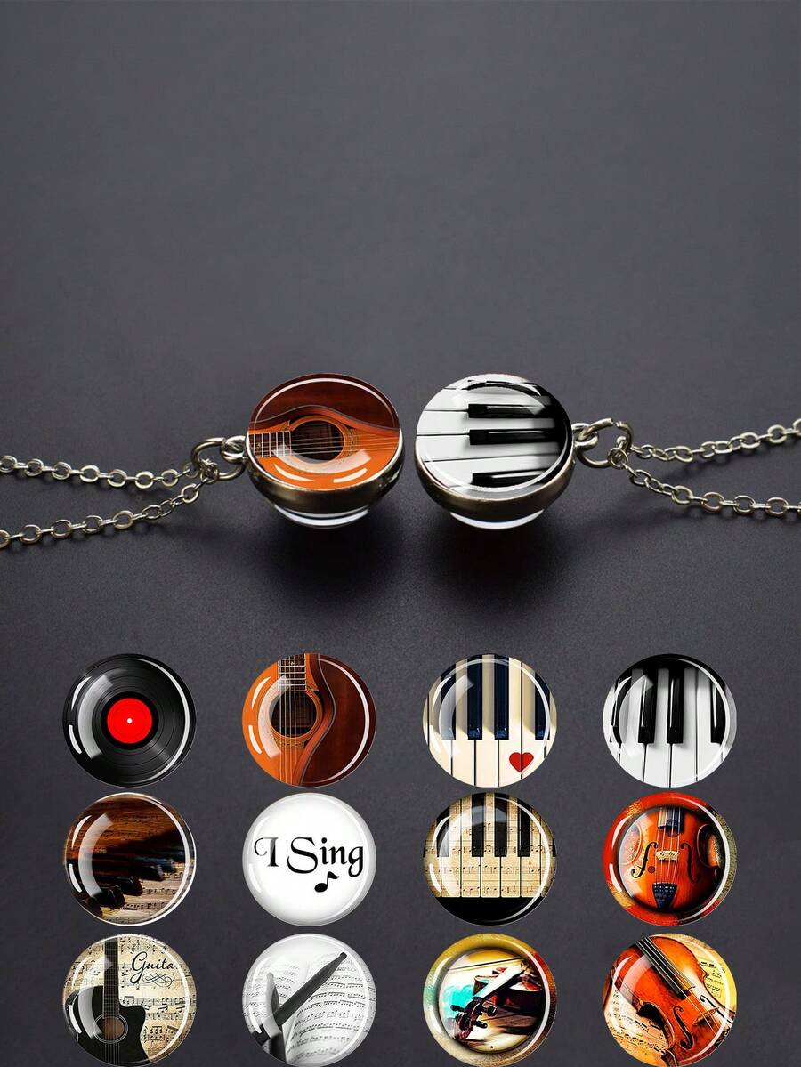 1PC Music Themed Instrument Patterned Necklace, Double-Sided Spherical Glass Inlaid Pendant, Suitable For Couples To Exchange Or As A Birthday Gift. - Silver - View 1