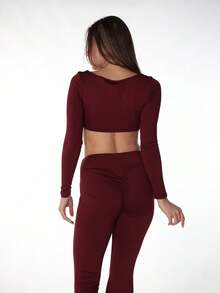 Conjunto de 2 piezas de top corto con cuello redondo y pantalones para mujer, elegante para primavera - Burdeos - Ver 10