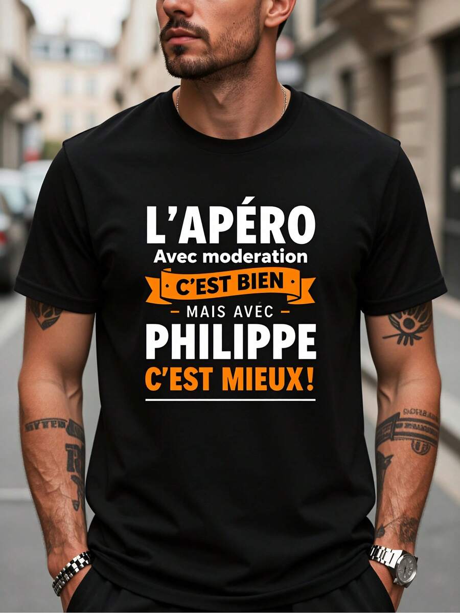 Camiseta de hombre con inscripción en francés - Camiseta gráfica divertida de Philippe con texto en francés, camisa casual de verano para uso diario y ocasiones formales - Tela ligera y transpirable - Negro - Ver 1