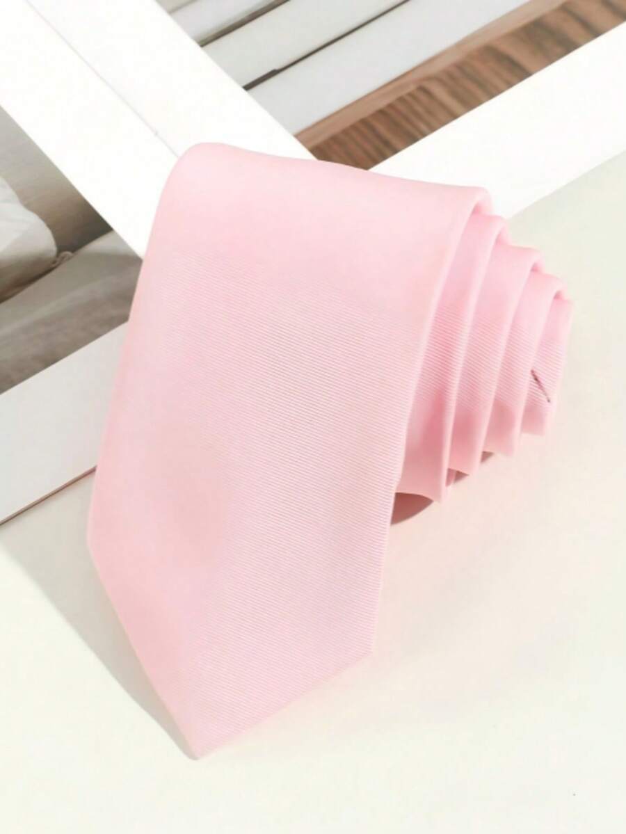 1pc Men's Solid Light Pink Fine Striped Textured Skinny Necktie, Suitable For Weddings, Daily Wear, Gatherings, Dates And Other Occasions - Pink - View 1