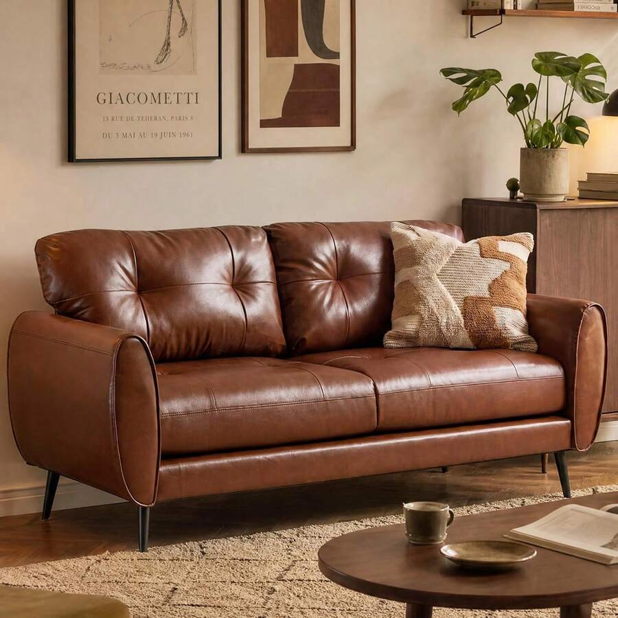 Sofa Couch 61" Small Loveseat Couches For Living Room Chestnut Brown Leather Couch Mid Century Modern Tufted Mini Sofa Comfy Office 2 Seat Settee Love Seat For Small Spaces Bedroom - màu nâu - Xem 1