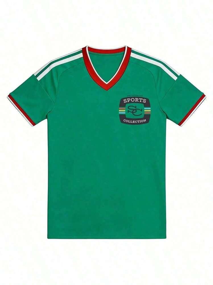 Camisetas de Fútbol Estilo Retro Sports, Diseño Inspirado en la Selección Mexicana - Tops de Manga Corta para Hombres y Mujeres - Tela Ligera y Transpirable, Cuello en V con Detalles de Rayas - para Fanáticos del Fútbol, Eventos Deportivos y Estilo Urbano Casual, Resistente al Uso DiarioTee - Verde - Añade 2