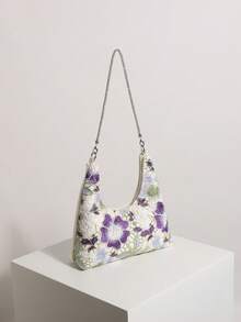 Yellow Green Lace Hollow Floral Hobo Shoulder Bag With Sparkling Rhinestones For Women, Suitable For Vacation (Floral Pattern Randomly Distributed) - Purple - View 3