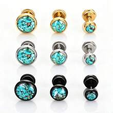 Turquoise Chip Stainless Steel Stud Earrings, Minimalist Titanium Steel Earrings - 6mm Steel Single - View 3