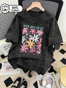 Plus Size Women Summer T-Shirt, Vintage Washed Floral "Bloom Where You Are Planted" Print, Round Neck Short Sleeve, Inspirational Black Casual - Black - View 1