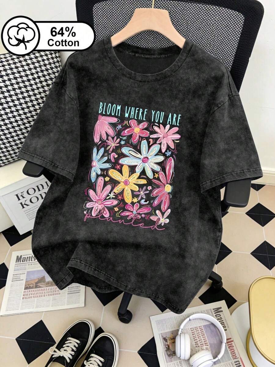 Plus Size Women Summer T-Shirt, Vintage Washed Floral "Bloom Where You Are Planted" Print, Round Neck Short Sleeve, Inspirational Black Casual - Black - View 1