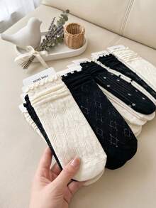 10 Pairs/5 Pairs/Random 1 Pair Women's Mid-Calf Socks, Ruffle Edge Slouch Socks, Japanese School Style Socks - Multicolor - View 3
