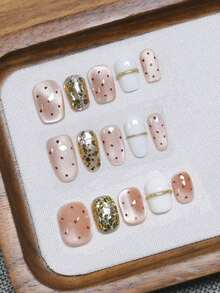 10 piezas/paquete Pegatinas de uñas usables hechas a mano, con diseño de lunares nude de verano con bordes dorados y acentos tipo diamante, que iluminan el tono de la piel, adecuadas para uñas cortas, uso diario y para ir al trabajo - Multicolor - Ver 1