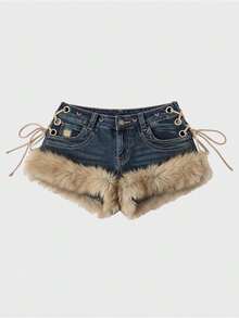 Pantalones Cortos Ultracortos De Estilo Vintage Americano Y2K Para Chicas Trendy, Con Diseño De Cintura Baja Y Combinación De Pelaje - Azul - Ver 1