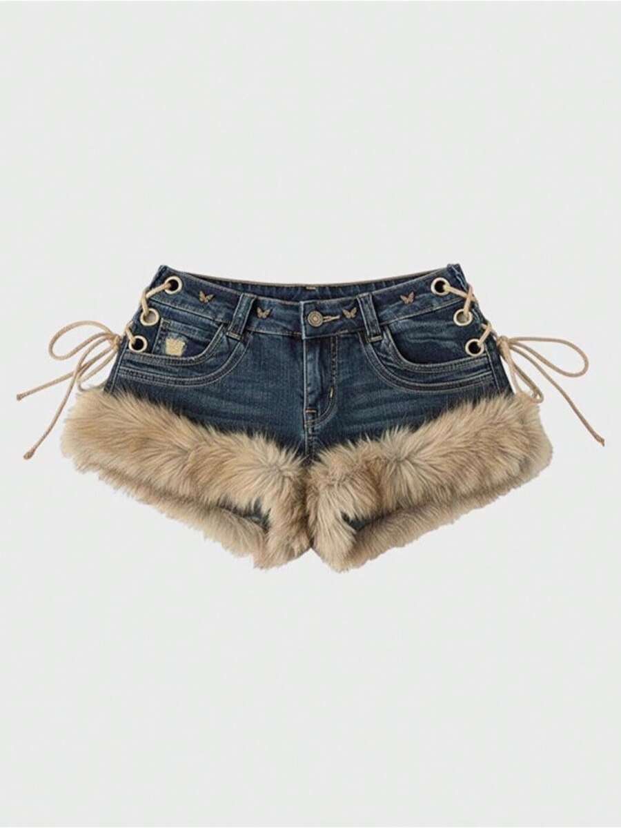 Pantalones Cortos Ultracortos De Estilo Vintage Americano Y2K Para Chicas Trendy, Con Diseño De Cintura Baja Y Combinación De Pelaje - Azul - Ver 1