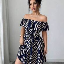 guangzhougaolangshangmao  Vestido casual y elegante de vacaciones con volantes en la cintura, estampado de rayas azul marino, hombros descubiertos y falda acampanada, adecuado para carnaval, Día del Trabajo, Pascua, vuelta al colegio, playa, jardín y estilo callejero en verano - Blanco y Negro - Ver 5