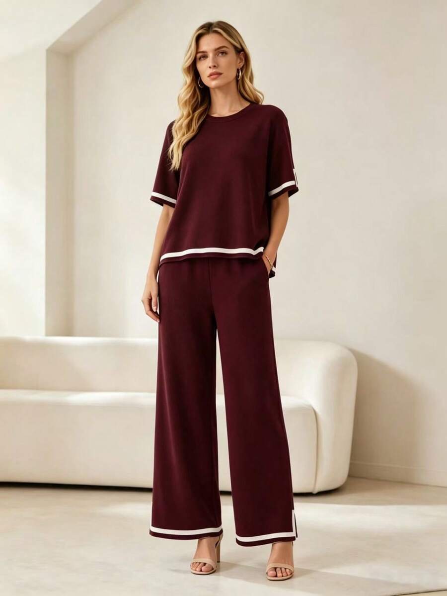 Women's Tracksuit Set With Striped Details - Comfortable Style - Màu Đỏ Sâu - Xem 1