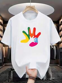 Camiseta de manga corta y cuello redondo con huella de mano artística en degradado cálido deíris en bloques amarillos/verdes/naranja/rojos/azules/rosas + huella de mano pequeña negra en el centro, diseño de estampado de combinación creativa, transmitiendo una actitud de inclusiónDaily Casual Round Neck Short Sleeve-Shirt Women - Blanco - Ver 1