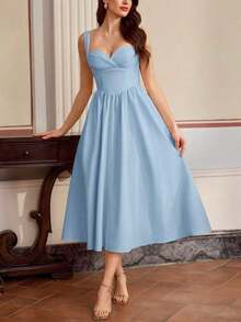 Vestido elegante vintage de mujer con bolsillos, vestido corset con cuello en forma de corazón, plisado, vestido casual para fiesta y vacaciones de verano para mujeres, atuendos de primavera, vestido de primavera para mujer, atuendos de vacaciones de primavera, vestido de San Valentín, vestidos elegantes para fiestas, vestidos elegantes para mujeres, vestido elegante largo - Celeste - Ver 5