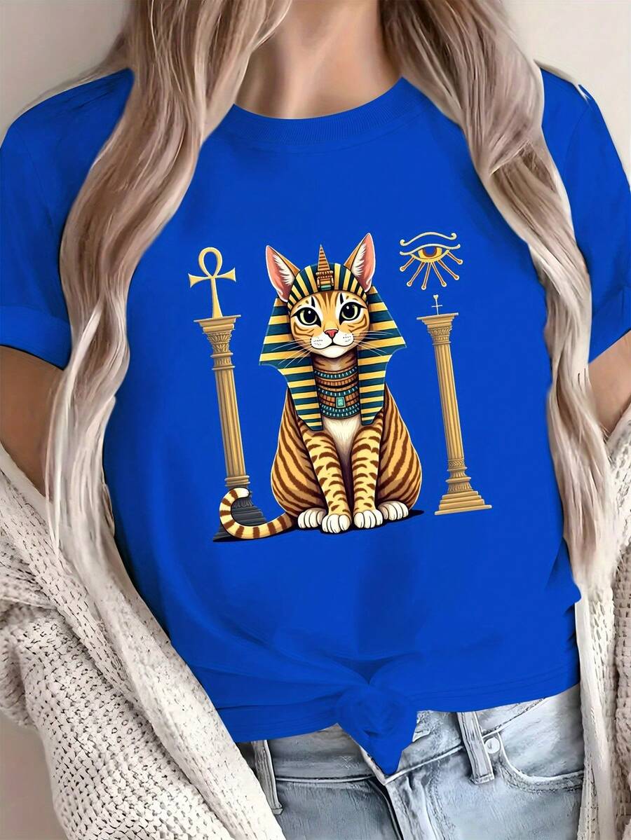 Camiseta de mujer pura y cómoda con ilustración de gato faraón egipcio - Azul - Ver 1
