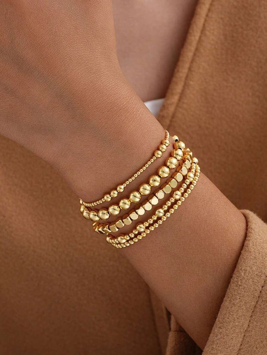 5pcs/Set Handmade Beaded Elastic Bracelet Set, Suitable For Women's Daily Wear, Can Be Stacked And Personalized - White Gold - View 1
