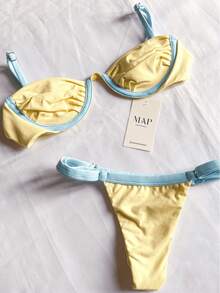 Underwire Bikini With Half-Cup Bra And Thong Bottom With Adjustable Straps. - Yellow With Blue (rim) - View 1