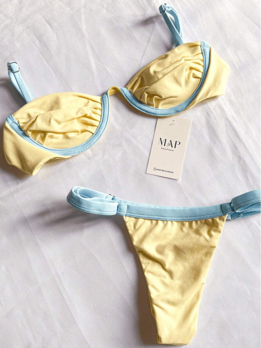 Underwire Bikini With Half-Cup Bra And Thong Bottom With Adjustable Straps. - Yellow With Blue (rim) - View 1