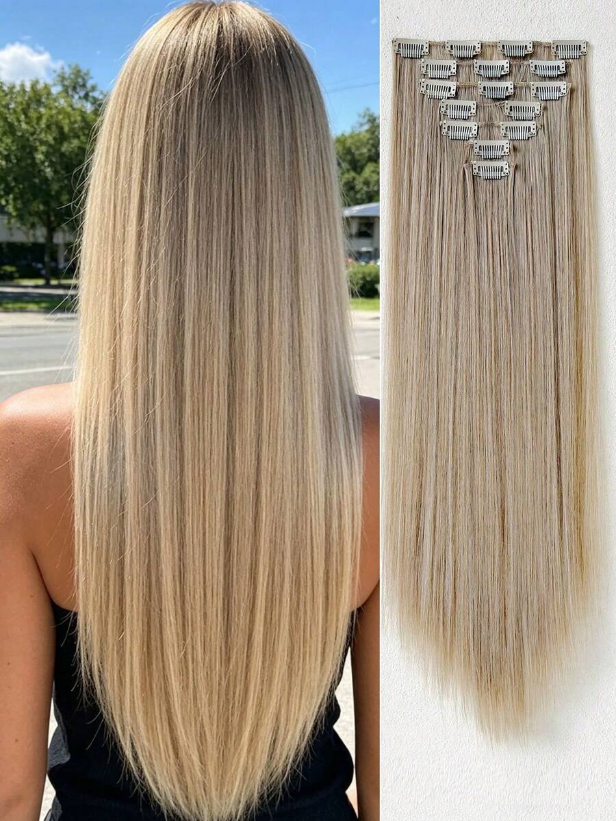 24 Inch 7pcs Clip-In Hair Extensions, Long Straight Synthetic Hair Extensions, Suitable For Women And Girls Daily Use