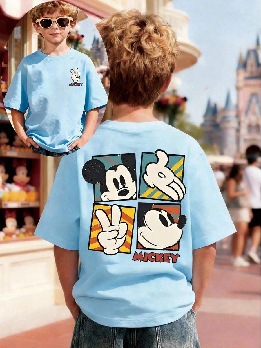 Disney Boys Super Cool Mickey Mouse Graphic Print T-Shirt, Adorable 4 Panel Cartoon Graphic Short Sleeve T-Shirt, Casual Crew Neck Top For Boys, Perfect For Theme Park Trips And Everyday Wear - Baby Blue - View 1