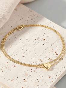 Customizable Letter Anklet, Double-Layer Fine Chain Design With Heart-Shaped Letter, Engraving Available, Daily Essential, 18K Gold-Plated Anti-Fade Anti-Allergy Anklet, Minimalist INS Style Versatile Accessory, Thoughtful Gift For Girlfriend, Couple, Memorable Occasions - Gold - View 5