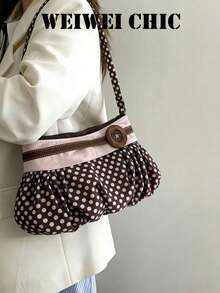 Polka Dot Fabric Shoulder Bag Style Pleated Tote With Contrast Trim And Large Wooden Button, Soft And Lightweight Material, Suitable For Weekend Trips, Errands And Casual Dates, Great For Working Women And Students, Playful And Vintage-Inspired Daily Use Bag - Brown - View 5