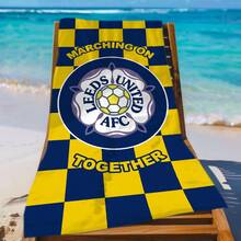 1件 Leeds United AFC 官方徽章 & 水牛格紋沙灘巾 - 速乾聚酯纖維混紡，柔軟輕便，適合沙灘、泳池、運動愛好者 - 藍黃幾何設計附 "Marching On Together" 文字，泳池邊配件，防沙大尺寸沙灘巾毯 - 浴室、游泳池吸水超大毛巾 - A - 查看 3