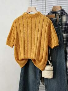 Women's Warm Yellow Short Sleeve Sweater, Cable Knit Pullover, Regular Length Knit Top, Ribbed Hem, Slightly Stretchy, Comfortable To Wear, Vintage Style, Suitable For Summer, Autumn - Yellow - View 3