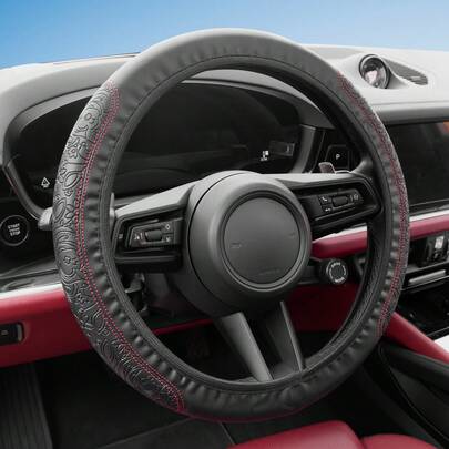  1pc Hocasen Anti-Slip Wear-Resistant High Elastic PU Leather Steering Wheel Cover, Black Cloud/Floral/Coin Pattern 3D Embossed, Round D-Shape Universal Fit, Easy Installation Without Inner Ring, Car Interior Accessory Suitable For Home Vehicles