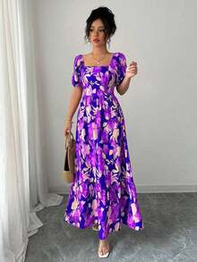 Women's Dress With Petal Sleeve Design, Square Neck And Fitted Waist With Print - 黑色 - 查看 5