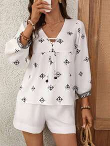 Conjunto de 2 piezas de camisa y pantalones cortos con estampado geométrico casual de vacaciones para mujer - Albaricoque - Ver 9