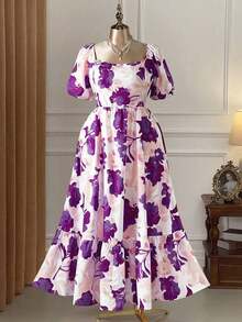 Rometta Vestido maxi de mujer talla grande con estampado floral elegante, cuello cuadrado, mangas abullonadas, espalda descubierta y cintura ceñida, estilo vacacional - Multicolor - Ver 3